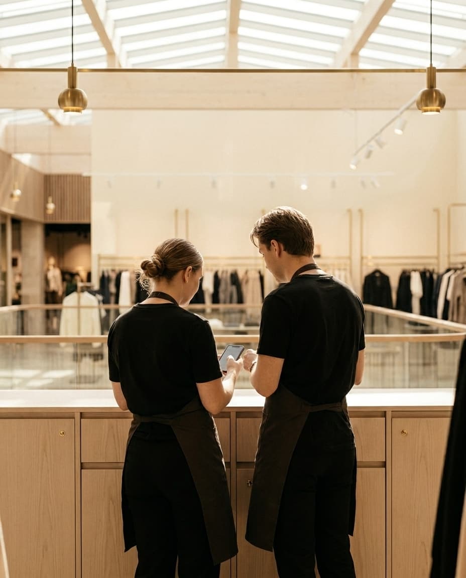 Two shop assistants looking at a phone together behind the counter
