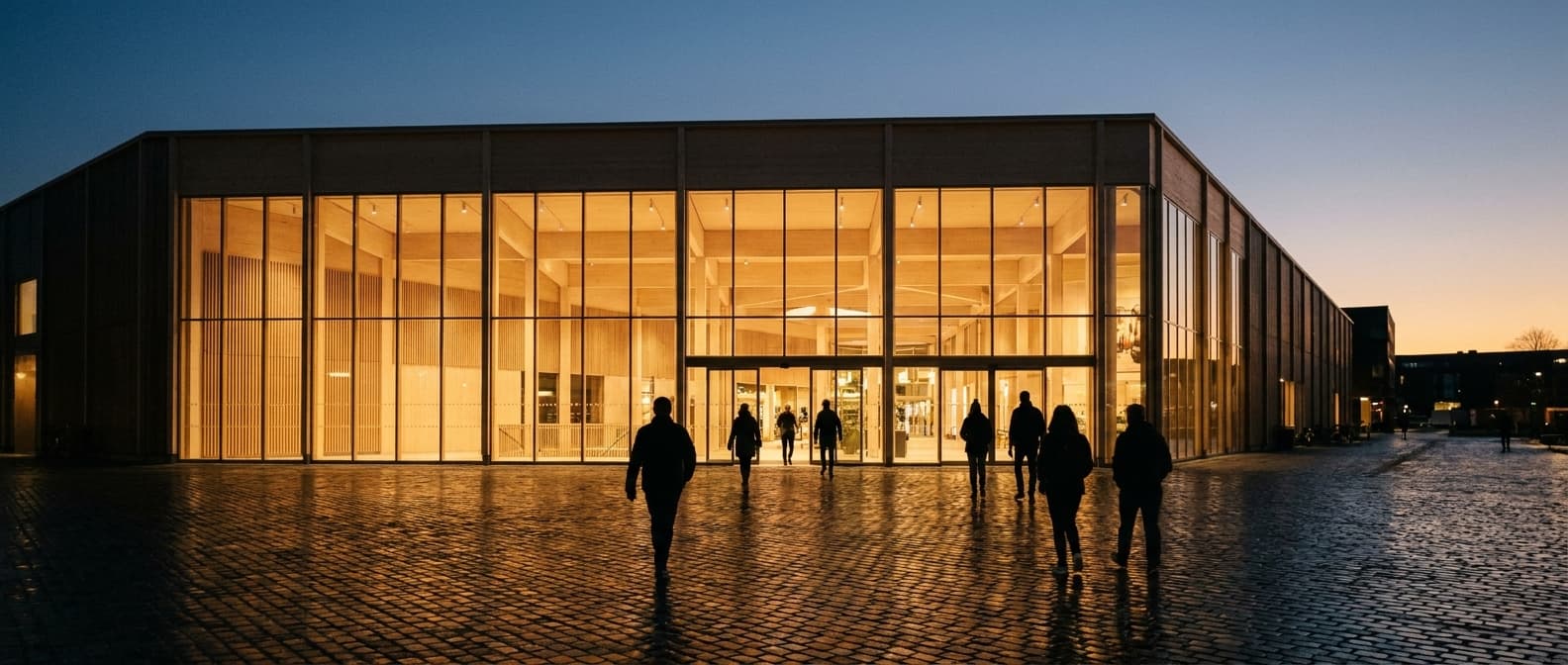 The shopping centre from outside at dusk, warm light coming through the glass facade