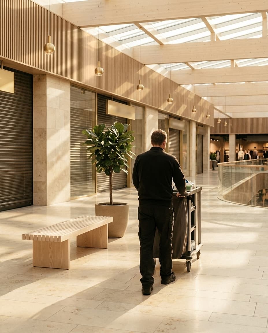 A facilities worker pushing a service trolley through the common area before opening