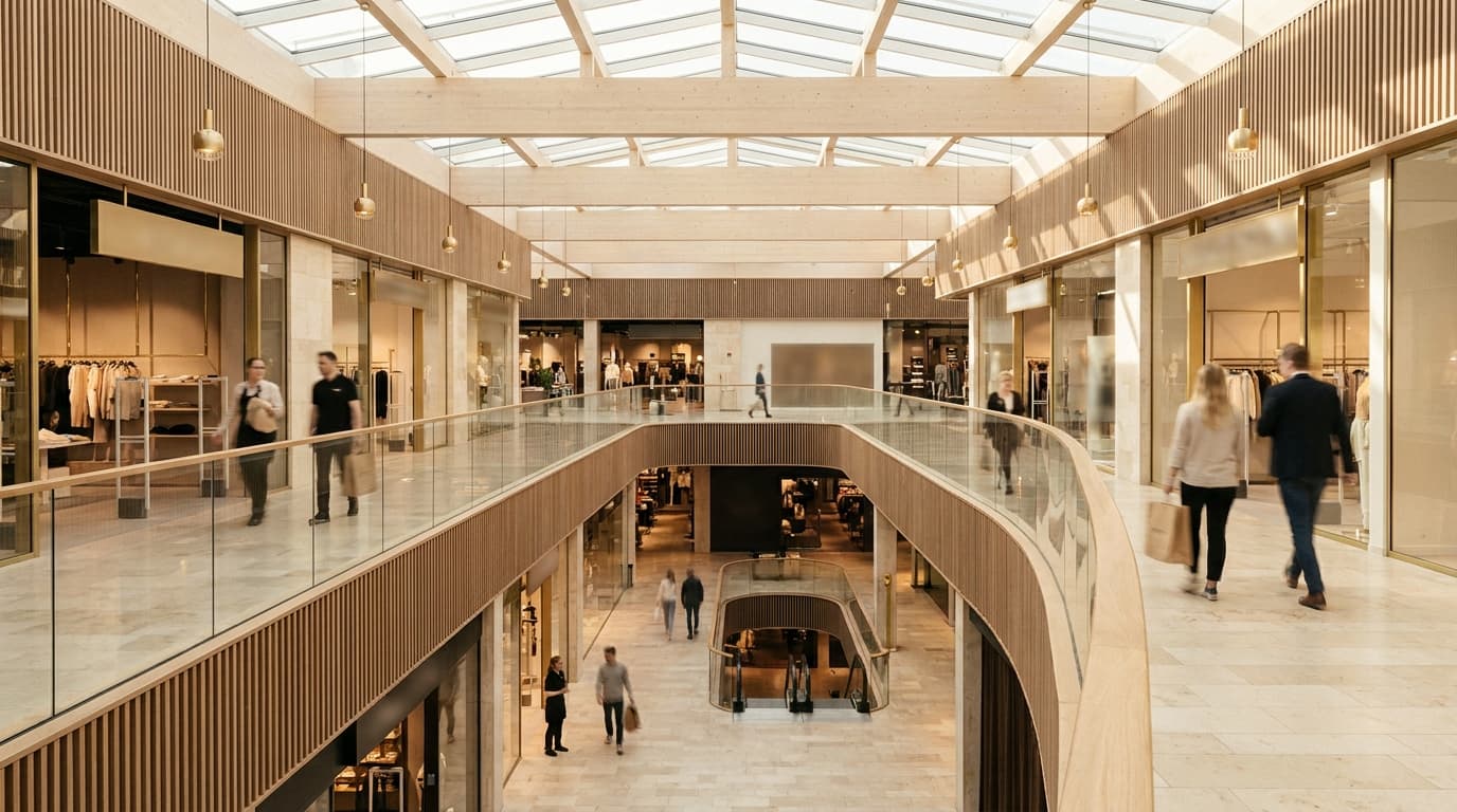 Open atrium in a shopping centre, seen from above in daylight