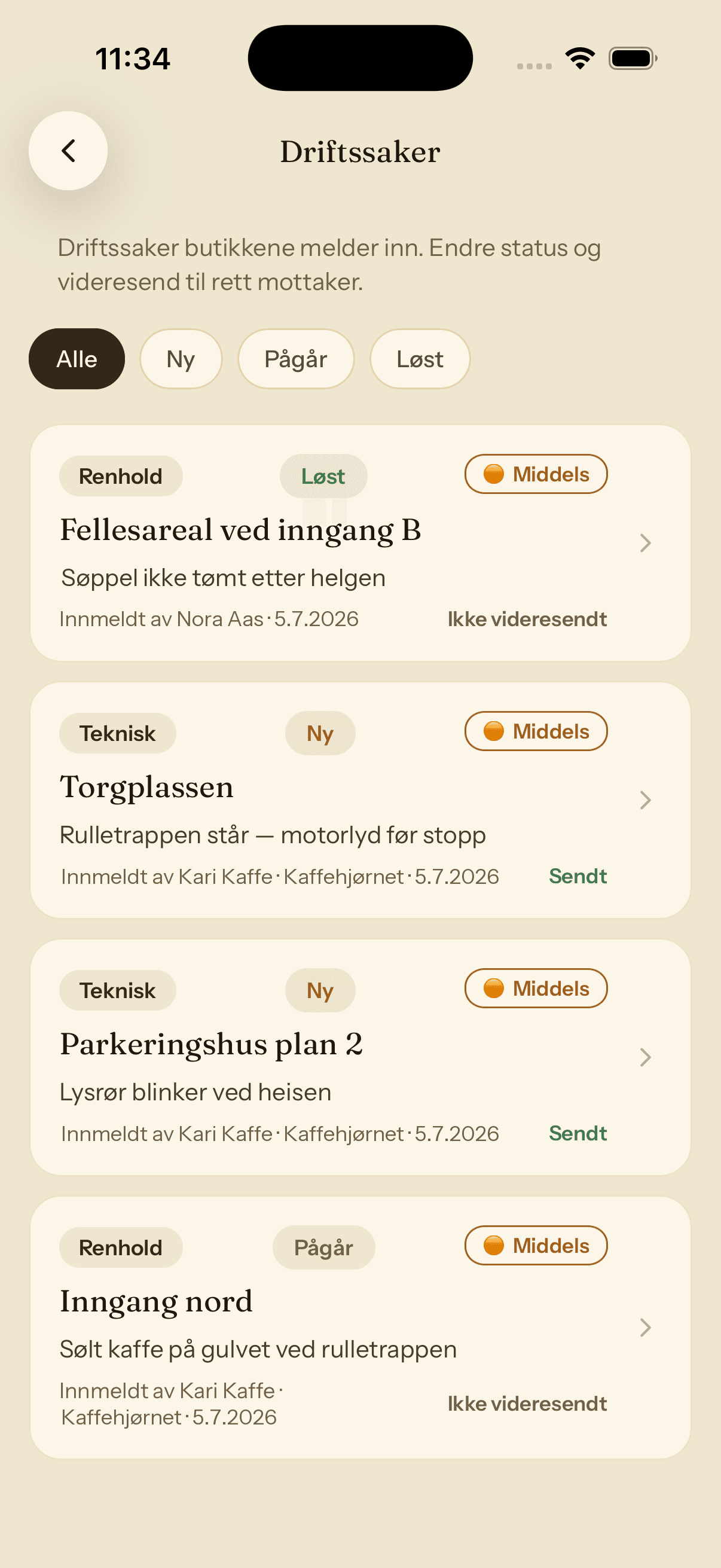 The list of maintenance issues in Torget with a severity and status on each one